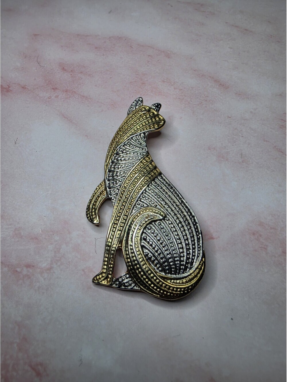 Vintage Gold Silver Tone Cat Brooch Textured Signed Park Lane